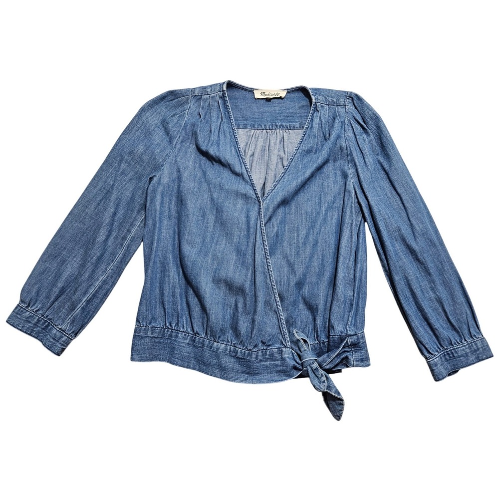 Madewell Women XXS Denim Wrap Top Surplice Long Sleeve Blue‎ Indigo Tie Blouse